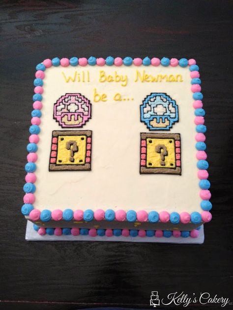 Mario Themed Gender Reveal, Gamer Gender Reveal, Mario Gender Reveal, Cute Gender Reveal, Cute Gender, Geek Baby, Baby Gender Reveal Party, Gender Reveal Cake