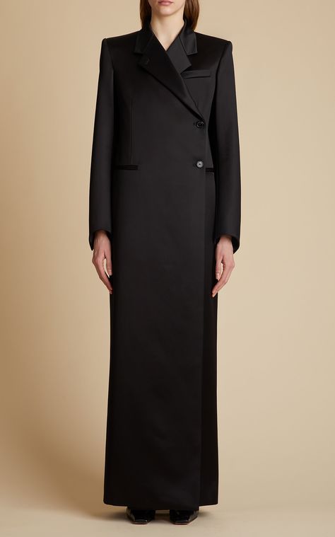 Kelton Compact-Satin Coat By Khaite | Moda Operandi Satin Coat, Spring Summer 2023, Double Breasted Coat, Summer 2023, Business Fashion, Black Coat, Get Dressed, Moda Operandi, Stretch Jeans