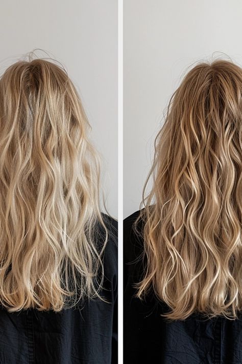 Blonde wavy hair before and after styling showing smooth curls and added volume. Day 2 Wavy Hair Refresh, Refresh Wavy Hair Next Day, Refresh Wavy Hair, 2a Wavy Hair, Wavy Hair 2b, Relaxed Curls, Wavy Straight Hair, Naturally Wavy Hair, Fine Wavy Hair