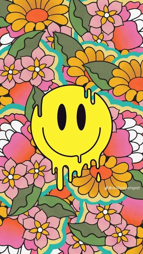 Smiley World Wallpaper, Tripy Wallpapers Cartoon, Trippy Smiley Face Wallpaper, Prom Insta Captions, Vibey Backgrounds Trippy, Trippy Flower Art, Wall Collage Retro, Trippy Wallpaper Iphone, Flower Power Aesthetic