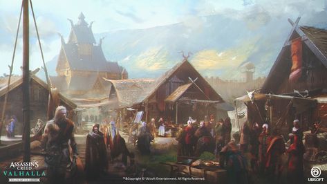 Celtic Fantasy Art, Big Illustration, Viking Aesthetic, Assassins Creed Artwork, Viking Village, Fantasy Village, Environment Painting, Roman Britain, Assassin's Creed Valhalla