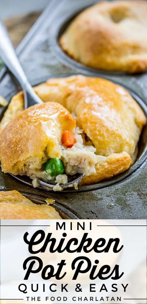 Mini Chicken Pot Pies (Quick & Easy!) from The Food Charlatan. These almost-homemade Mini Chicken Pot Pies are the perfect finger-food for a party! Or a last-minute dinner that your kids will love. Crescent rolls from a can make prep quick and easy! Who would say not to an warm and savory individualized chicken pot pie? Muffin Tin Chicken Pot Pie, Individual Chicken Pot Pies, Mini Pot Pies, Mini Chicken Pot Pies, Pot Pie Recipes, Hp Sauce, The Food Charlatan, Chicken Pot Pies, Chicken Pot Pie Recipe