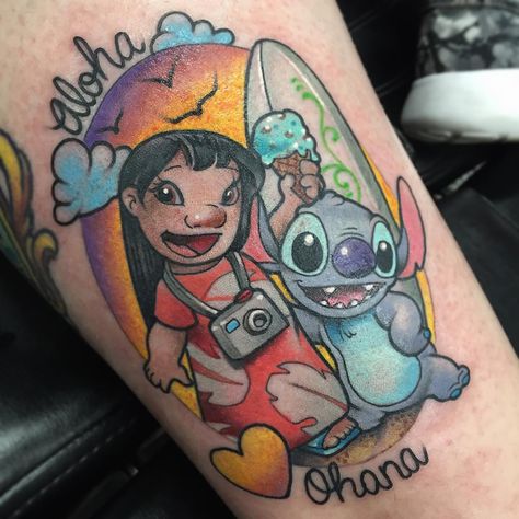 By Carly Baggins Stitch Tattoo Ideas, Disney Stitch Tattoo, Lilo And Stitch Tattoo, Ohana Tattoo, Disney Sleeve Tattoos, Father Daughter Tattoos, Music Notes Tattoo, Stitch Tattoo, Hand Tattoos For Girls