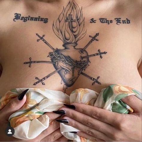 T Heart Tattoo, Tattoo Over Heart Placement, Tattoo Over Heart, Heart Chest Tattoo Female, Scared Heart Tattoo, Ball And Chain Tattoo, Mitski Tattoo, Sacred Heart Tattoo, Sacred Heart Tattoos