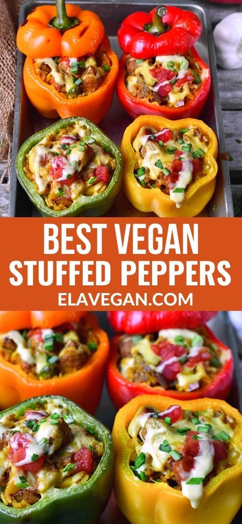 These vegan stuffed bell peppers are filled with healthy ingredients and are rich in protein. The recipe is gluten-free, plant-based, easy to make, and very tasty. Perfect for a vegan dinner or lunch. Vegan Stuffed Bell Peppers, Easy Protein Meals, Vegan Stuffed Peppers, Bell Pepper Recipes, Healthy Protein, Peppers Recipes, Vegan Cooking, Vegetarian Diet, Bell Peppers