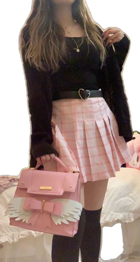 How To Style Pink Skirt Aesthetic, Black And Pink Skirt Outfit, Pastel Winter Outfit Classy, Pink And Black Plaid Skirt Outfit, Pink And Black Fall Outfits, Pastel Pink Skirt Outfit, Outfit With Pink Skirt, Pink Edgy Outfits, Cute Pink And Black Outfits