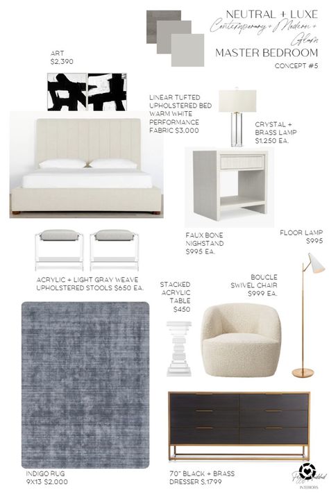 Contemporary Bedroom Mood Board, Bedroom Mood Board Neutral, Contemporary Modern Bedroom Decor, Master Bedrooms Mood Board, Modern Bedroom Mood Board, Modern Master Bedrooms 2022, Transitional Glam Bedroom, Neutral Glam Bedroom, Rh Bedroom Ideas