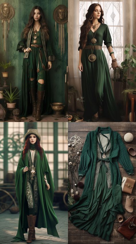 Fantasy Dress With Pants, Celtic Witch Outfit, Green Witchy Dress, Druidess Costume, Earth Witch Fashion, Elven Clothing Women, Womens Fantasy Clothes, Renfaire Costume Women Fairy, Elven Outfits Female