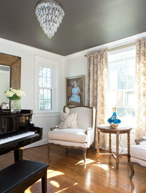 Goodbye Dining Room, Hello Music Room! - The Decorologist Painting The Ceiling, Decorative Ceiling Panels, Dark Ceiling, Grey Ceiling, Home Gym Garage, Rustic Farmhouse Living Room, Dining Room Ceiling, Colored Ceiling, Yay Or Nay