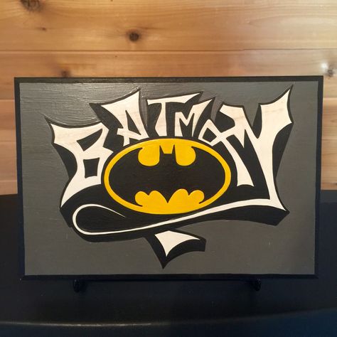 Batman Drawing Aesthetic, Batman Logo Painting, Spiderman And Batman Painting, Batman Parking Spot Painting, Batman Easy Painting, Batman Graffiti Art, Bat Man Painting, Batman Crafts For Boyfriend, Diy Batman Gifts