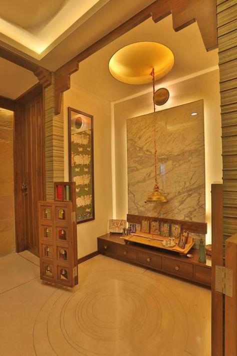 Mandir Designs Modern, Pooja Room Decoration Ideas, Aangan Architects, Pooja Room Decoration, Pooja Room Designs, Mandir Designs, Puja Ghar, Temple Room, Puja Mandir