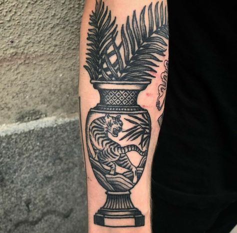 Vintage Plant Tattoo, Vase Leg Tattoo, Old School Vase Tattoo, Vase Tattoo Traditional, Flower Pot Tattoo, Traditional Houseplant Tattoo, American Traditional Vase Tattoo, Plant Vase Traditional Tattoo, Traditional Vase Tattoos