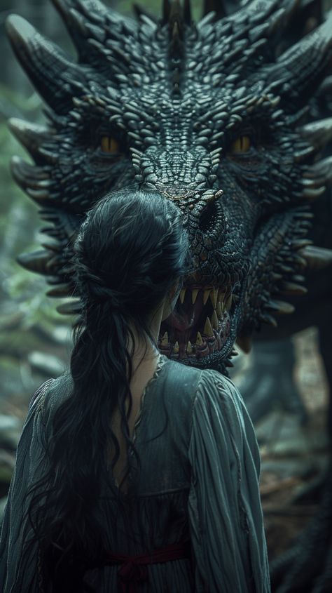 Woman with Long Dark Hair and Fierce Dragon Woman And Dragon Art, Dark Fantasy Hair, Woman With Dragon, Woman And Dragon, Princess And Dragon, Cinematic Color Grading, Moody Lighting, Fierce Dragon, Inspirational Digital Art