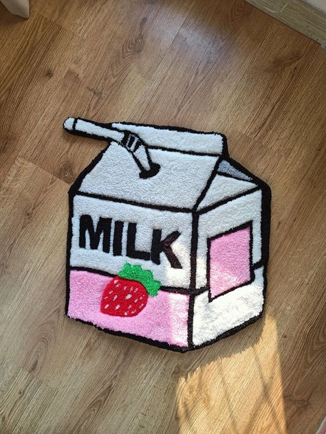 Strawberry Pink Milk Carton 3D Cute Handmade Tufted Wall and Floor Rug by ElyanoraArt on Etsy Tufted Wall, Tufting Diy, Funky Rugs, Strawberry Pink, Pink Milk, Punch Needle Patterns, Milk Carton, Punch Needle Embroidery, Diy Rug