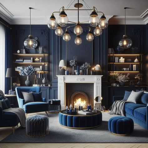 Navy Blue Living Room Moody Navy Blue Living Room, Navy Victorian Living Room, Navy And Silver Living Room, Blue White And Gold Living Room, Navy Wall Living Room, Grey Blue Room, Navy Sitting Room, Navy Blue Furniture Living Room, Navy Blue Fireplace