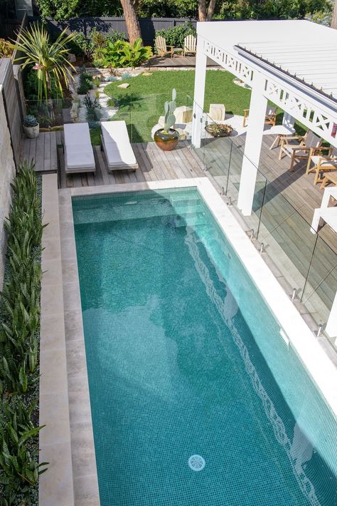 Simple Pool Landscaping Backyard, Pool Up Against House, Pool Off Back Deck, Beach House Pool Backyards, Small Outdoor Pool Ideas, Pool In Front Of House, Pool Area Ideas Australia, Outdoor Pool Areas, Small Pools For Small Yards