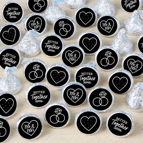 Mr. and Mrs. - Black and White Small Round Candy Sticker Favors includes 3 sheets of 108 stickers per sheet for a total of 324 stickers - perfect for styling your Wedding or Bridal Shower candy favors. Measuring to .75 in, these round candy labels will fit a variety of small candies with a flat, round bottom like wrapped chocolate or peppermints. Candy not included. Tiny Surprise: Mini yet ornate, the Mr. and Mrs. - Black and White round candy stickers make excellent little accents on all your b Black And White Party Favors, Black And Grey Wedding Theme, Bridal Shower Small, Bridal Shower Black And White, Black And White Bridal Party, Black And White Engagement Party, Bridal Shower Candy Favors, Black Wedding Favors, Shower Small