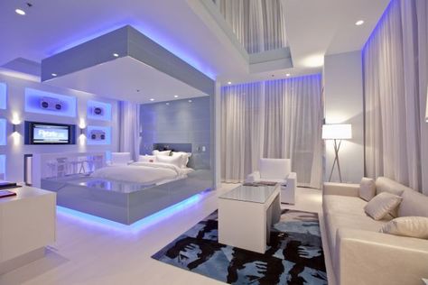 like how it accents the bed Futuristic Bedroom Design, Bilik Tidur Perempuan, बेडरूम डिजाइन, Bilik Tidur Mewah, Futuristic Bedroom, Reka Bentuk Bilik Tidur, Rumah Moden, Under Bed Lighting, Design Ložnic