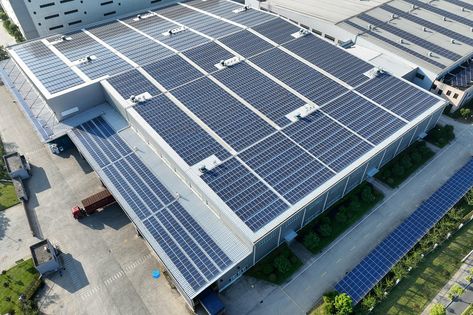 solar panels on factory rooftop Solar Panels On Roof, Solar Rooftop, Eco Technology, Solar Panels Roof, Rooftop Design, Solar Module, Solar Roof, Building Roof, Metal Working Projects