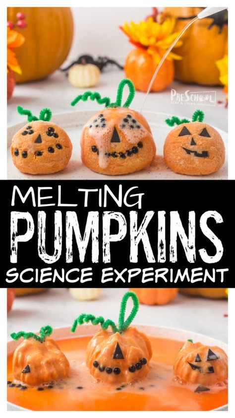 Science Experiments With Preschoolers, Class Science Fair Projects, Pumpkin Science For Toddlers, Preschool Baking Soda And Vinegar, Pumpkin Baking Soda Experiment, Fall Toddler Science Activities, Halloween States Of Matter Activities, Classroom Experiments For Kids, Pumpkin Hammer Activity