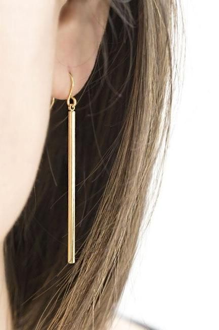 Long Skinny Slim Straight Vertical Bar Earrings, Gold / Silver, Minimalist Jewelry Straight Earrings, Gold Bar Earrings, Earrings Aesthetic, Long Gold Earrings, Beaded Necklace Designs, Vertical Bar, Golden Jewelry, Jewelry Lookbook, Hanging Earrings