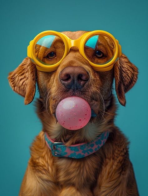 Add a splash of fun to your space with this quirky and playful dog art print. Featuring an adorable dog wearing bright yellow goggles and blowing a bubblegum bubble, this photograph is sure to bring a smile to your face. Perfect for dog lovers, pet enthusiasts, and anyone looking to add a touch of whimsy to their decor. Product Ideas: Wall Art Print: Ideal for living rooms, children's rooms, and offices. Available in various sizes to suit any decor. Canvas Print: Enhance the playful feel with a Animals Blowing Bubblegum, Creative Dog Photos, Fun Dog Photoshoot, Pet Product Photography, Dog With Goggles, Yellow Goggles, Dog Photography Creative, Bubblegum Bubble, Pet Grooming Salon