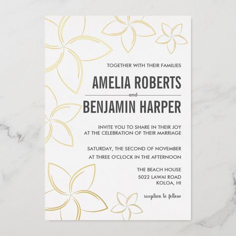 Golden Plumeria Wedding Invitation with Real Foil Foil Invitation Plumeria Wedding, Distressed Paper, Vow Renewal Invitations, Marriage Invitations, Wedding Vows Renewal, Wedding Invitation Card Design, Foil Wedding Invitations, Foil Invitations, Invitation Card Design