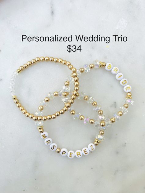 Every Bride loves some sparkle!! Lovin' these sparkle Bride and Mrs. bracelets with white bead/gold letters paired with a matte gold Lucky 7 bracelet. Please indicate size preference and date or name (if you desire to personalize) to be displayed at the time of purchase. These bracelets can be worn alone or stacked with other Mini Me personalized custom bracelets.  💟Please indicate the desired sizing within the customization section. Sizing length is as follows:  Women's small: 6.5 inches Women Bride Bracelets Diy, Bride Bracelet Stack, Bride Beaded Bracelet, Baublebar Bracelet, Bride Bracelet, Bridesmaid Bracelet, Star Bracelet, Bridal Bracelet, Gold Letters