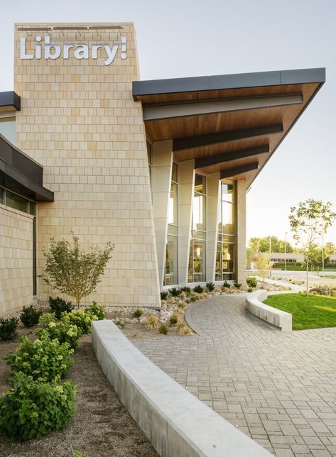 Gallery of Library! at Bown Crossing / FFA Architecture and Interiors - 8 School Entrance Design Architecture, Modern Public Building, School Entrance Architecture, Commercial Center Architecture, Library Facade Design, Library Building Architecture, Library Entrance Design, Small Library Architecture, Modern Library Exterior