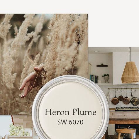 Sherwin-Williams on Instagram: "Make it a warm white summer with our July Color of the Month. Is Heron Plume SW 6070 your next painting project color? To find out, order a free color chip at our link in bio." Heron Plume Sherwin Williams, Heron Plume, July Colors, Color Of The Month, Dining Room Spaces, Color Chip, House Paint, House Wall, Cabinet Colors