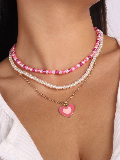 Maxident Jewelry, Cute Pink Jewelry, Pink Necklace Aesthetic, Pink Necklace Outfit, Pink Jewelry Aesthetic, Necklace Beads Ideas, Colares Aesthetic, Summer Pearl Necklace, Pink Beaded Jewelry