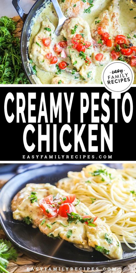 SAVE THIS RECIPE! This is our favorite easy chicken dinner! Chicken with Pesto Cream Sauce takes less than 30 minutes to make and kids and adults both love it! It uses chicken breast and makes a super easy cream sauce using pesto to give it an extra boost of flavor. This easy family dinner is delicious enough to serve to company and simple enough to make on a busy weeknight. Easy Cream Sauce, Recipes Using Pesto, Chicken With Pesto, Tomato Pesto Chicken, Pesto Cream Sauce, Cream Sauce For Chicken, Pesto Recipes, Easy Chicken Dinner, Creamy Pesto Sauce