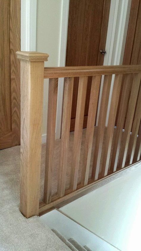 Solid oak balustrade and newel post Oak Balustrade, Banister Remodel, Oak Banister, Banister Rails, Stairs Hallway, Balustrade Design, Entrance Hall Decor, Hall Stairs, Stairs Landing