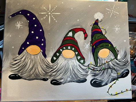 Acrylic painting of winter gnomes. Gnome Painting Canvas Diy, Gnome Acrylic Painting, Rock Gnomes, Gnome Paintings, Gnome Projects, Rachelle Kearns, Tracing Patterns, Gnome Painting, Winter Gnomes