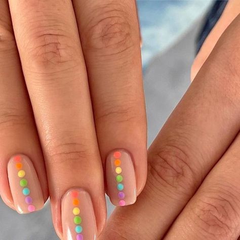 peachi nails on Instagram: "Rainbow dots 🌈 #peachinails" 3 Dot Nail Art, Dot Line Nails, Rainbow Dots Nails, Neon Dot Nails, Rainbow Polka Dot Nails, Nail Art Dots, Dotty Nails, Nails With Dots, Nail Spot