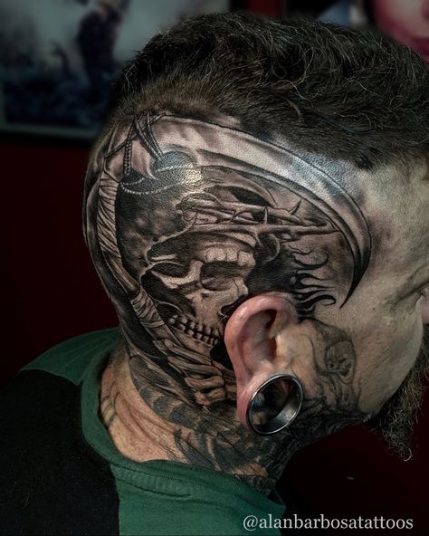 Grim Reaper Head Tattoo, Reaper Head Tattoo, Side Of Head Tattoo, Wörter Tattoos, Reaper Art, P Tattoo, Reaper Tattoo, Grim Reaper Art, Head Tattoo