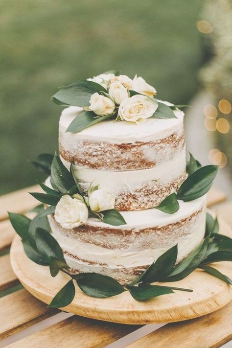 Naked Wedding Cake with White Roses & Eucalyptus Leaves | Backyard Wedding Reception in Spanish Fork, Utah Wedding Cake With White Roses, Cake With White Roses, Spanish Fork Utah, Backyard Wedding Reception, Wedding Backyard Reception, Small Wedding Cakes, Bridal Shower Inspiration, Boho Bridal Shower