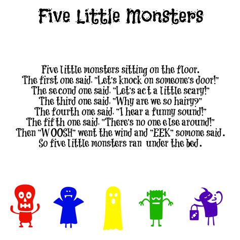 Five Little Monsters Song Monster Songs Preschool, Preschool Monster Theme, Halloween Fingerplays, Monster Song, Autumn Songs, Monster Songs, Halloween Lesson Plans, Song Cards, Halloween Poems