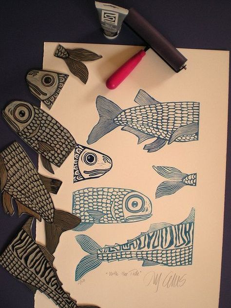 Hand Carved Stamps, Stamp Carving, Linocut Art, Middle School Art, Fish Art, Lino Print, Linoleum, Elementary Art, Linocut Prints