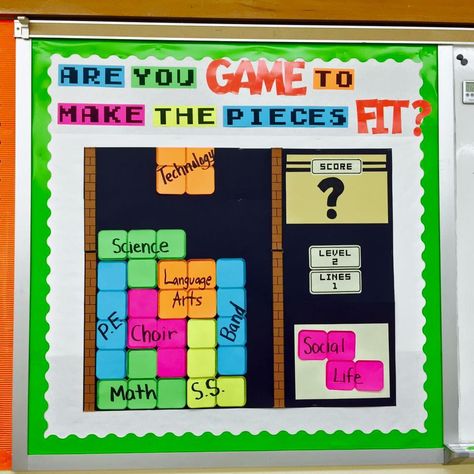 Game On! In the classroom. Tetris Themed Bulletin Board Video Game Door Decorations, Tetris Bulletin Board, Video Game School Theme, Board Game Classroom Theme, Level Up Bulletin Board Ideas, Game On School Theme, Video Game Theme Classroom, Game Bulletin Board Ideas, Video Game Bulletin Board