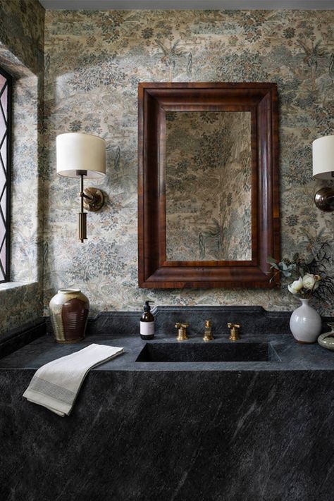 Jake Arnold Powder Room, Wallpaper Powder Bath, Tudor Revival Interior, Powder Room Interior Design, Sustainable Interior, Sustainable Interior Design, Concrete Fireplace, Park Hill, Furniture Office