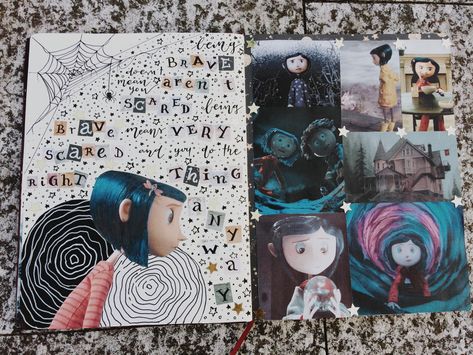 Coraline Journal Page, Coraline Sketchbook Page, Coraline Scrapbook, Coraline Bullet Journal, Collage Book Ideas, Coraline Journal, Bullet Drawing, Coraline Film, Coraline Book