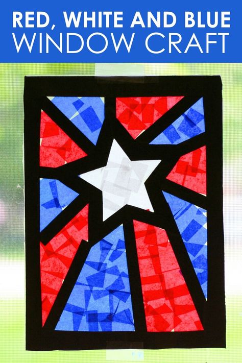 Window Crafts, Patriotic Art, Blue Crafts, Window Decorations, Patriotic Crafts, July Crafts, Faux Stained Glass, Paper Stars, Camping Crafts