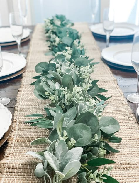 This listing is for the greenery garland only. No other decor is included. This greenery garland is created with layers of eucalyptus’ lambs ears and willow leaves. The garland measures approximately 7’ in width. Approximate Lengths available for purchase: -3ft, 6ft,7ft,  9ft, or 12ft This eucalyptus and lambs ear garl Wedding Eucalyptus Floral Table Garland, Long Table Centerpieces Garland, Green Swag Garland For Table, Greenery Garland And Bud Vases, Eucalyptus And Babies Breath Table Runner, Eucalyptus Garland Table Setting, Eucalyptus Table Garland Wedding, Eucalyptus Wedding Garland Long Tables, Green Garland Round Table