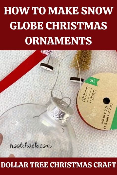 How To Make Snow Globe Christmas Ornaments: Easy Instructions Homemade Snowglobe Ornaments, Snowglobe Ornaments Diy Kids, How To Make A Snow Globe, Diy Snowglobe Ornament, Globe Ornaments Diy, Snow Globe Ornaments Diy, Dollar Tree Snow Globes, Snow Globe Christmas Ornaments, Dollar Tree Christmas Ornaments