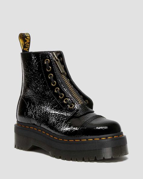 Shop Sinclair Distressed Patent Leather Platform Boots at Dr. Martens. Free delivery on orders over $50 Patent Leather Platform Boots, Dr Martens Sinclair, Jadon Boots, Black Leather Combat Boots, Leather Platform Boots, Patent Leather Boots, Black Platform Boots, Leather Lace Up Boots, Doc Martens