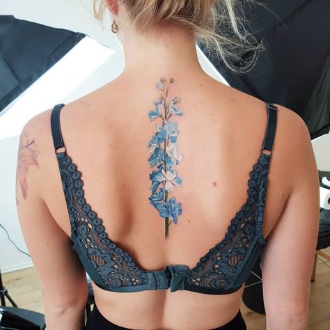 Delphinium Tattoo, Larkspur Tattoo, Blue Ink Tattoos, Colorful Flower Tattoo, Girl Power Tattoo, Best Tattoo Ever, Watercolor Tattoo Flower, Blue Tattoo, Watercolor Tattoos