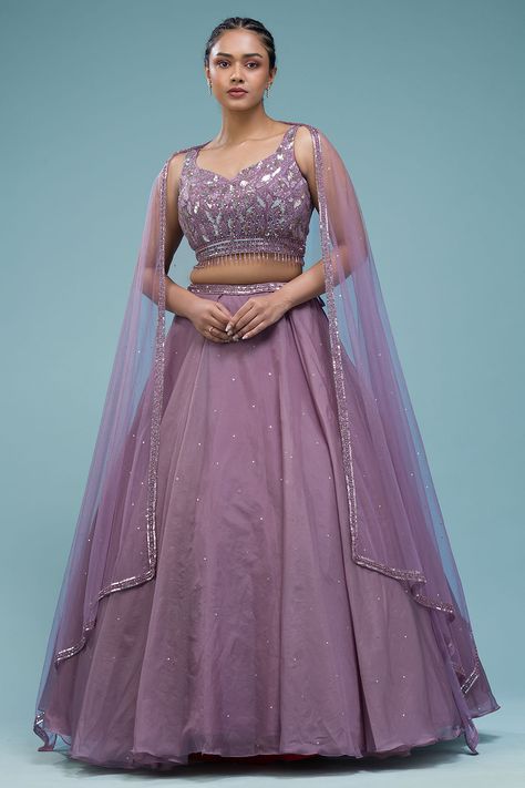 #lehenga #lehengacholi #samyakkclothing #samyakklehenga #organza fabric #designerlehenga #dusty lavender color #sequins work #purple pantone #embroidery #onlineshopping #onlinelehenga Lahenga Design Net, Lehanga Neck Designs, Indian Gown Design, Long Skirt Top Designs, Net Lehenga Choli, Cutdana Work, Indian Gown, Long Skirt And Top, Neck Patterns