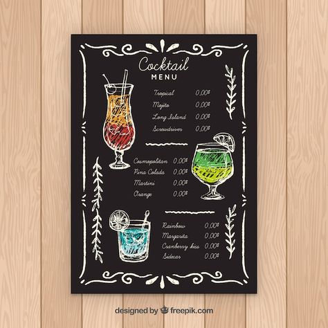 Cocktail menu template in blackboard sty... | Free Vector #Freepik #freevector #cocktail-menu #alcohol-menu #drink-menu #bar-menu Bar Chalkboard Ideas, Blackboard Menu, Drink Menu Design, Colorful Restaurant, Menu Sans Gluten, Smoothie Menu, Tea Restaurant, Halloween Menu, Restaurant Menu Template