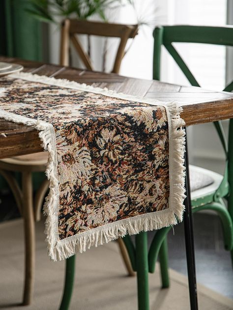 Coffee Brown  Collar  Fabric   Embellished   Home Textile Dining Room Decor Table Cloth, Kitchen Table Runner Decor, Kitchen Table Tablecloth, Long Dining Table Decor, Cottage Table Setting, Vintage Coffee Table Decor, Cottagecore Fabric, Dining Room Table Runner, Elegant Party Decorations